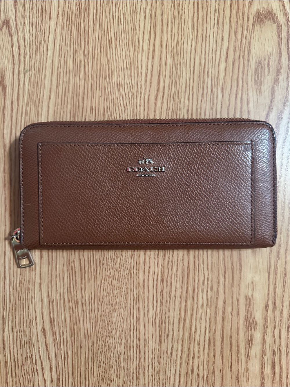 Coach Brown Pebbled Zip Around Leather Wallet with Gold Hardware